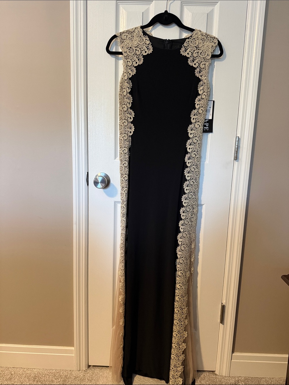 Xscape Black Dress with Gold Lace Trim